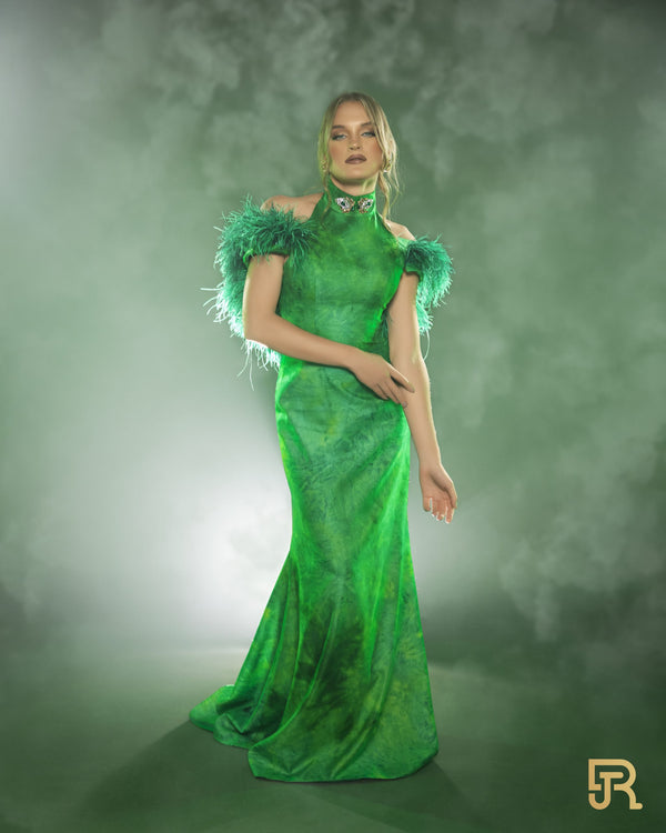 Green Feather off shoalder  Dress
