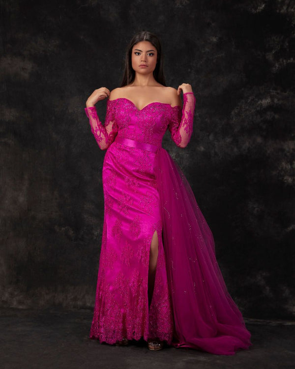 Fushia off sholder dress evening dress