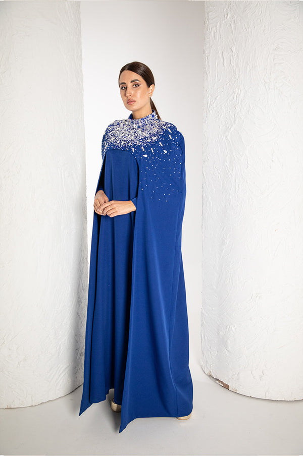 Hand embroidered Blue Jalabiya , crepe fabric