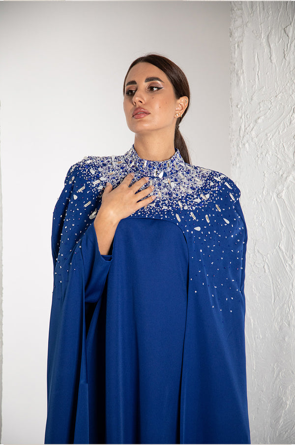 Hand embroidered Blue Jalabiya , crepe fabric