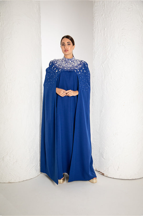 Hand embroidered Blue Jalabiya , crepe fabric