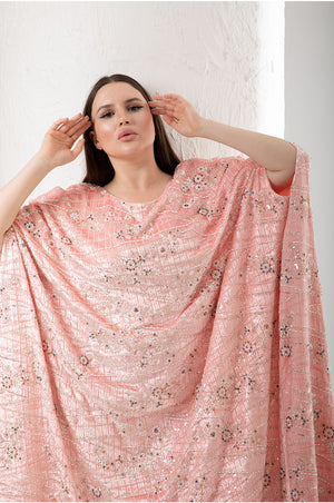 جلابية مخمل مطرزة، اللون: خوخي