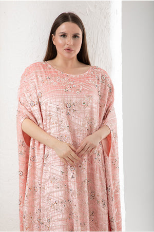 جلابية مخمل مطرزة، اللون: خوخي