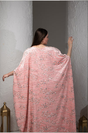 جلابية مخمل مطرزة، اللون: خوخي