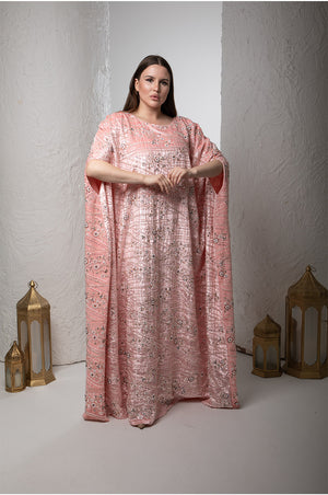 جلابية مخمل مطرزة، اللون: خوخي