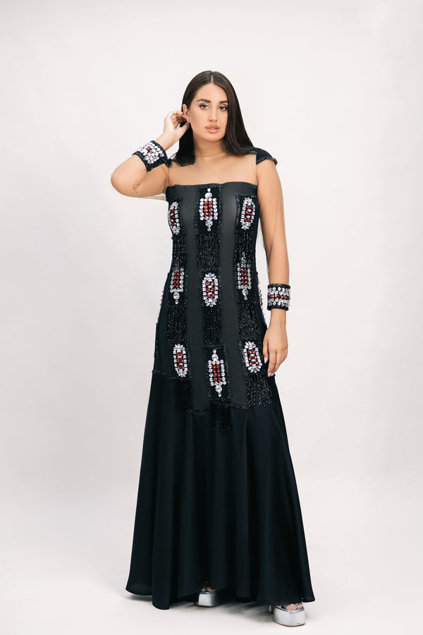 Hand embroidered black dress