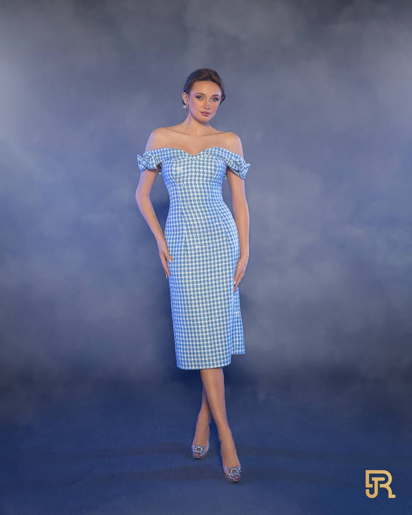 Tweed off sholder blue dress