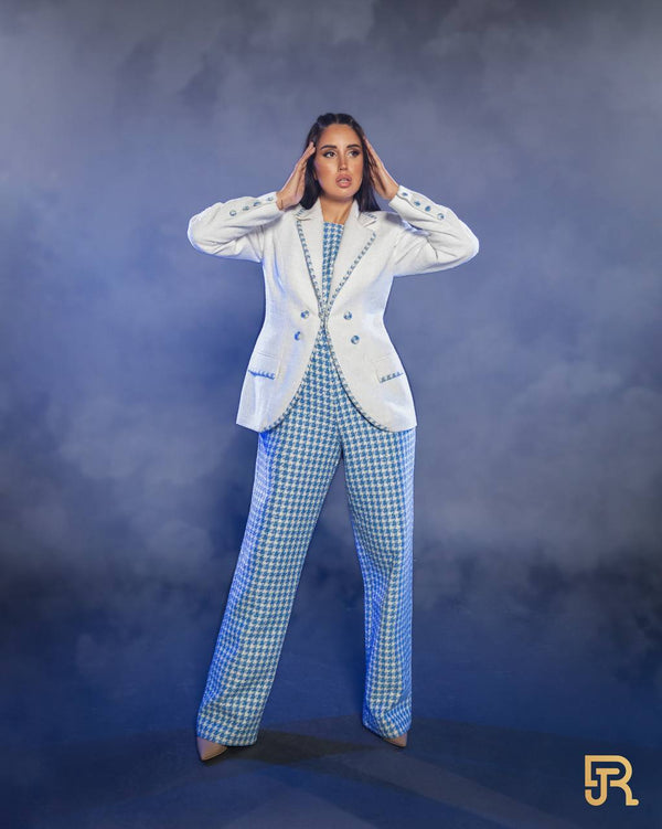 Jumpsuit with white tweed jacket