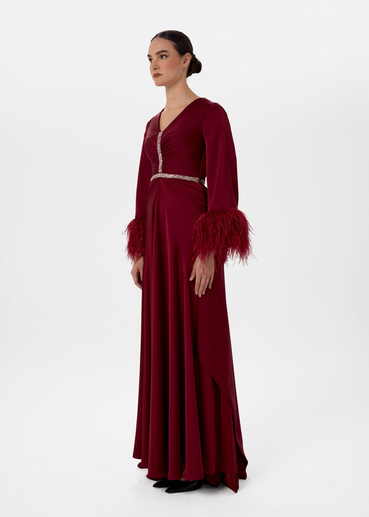 feather burgundy dress Sequin Feather Party Dress: Burgundy Prom Gown with Satin Drape