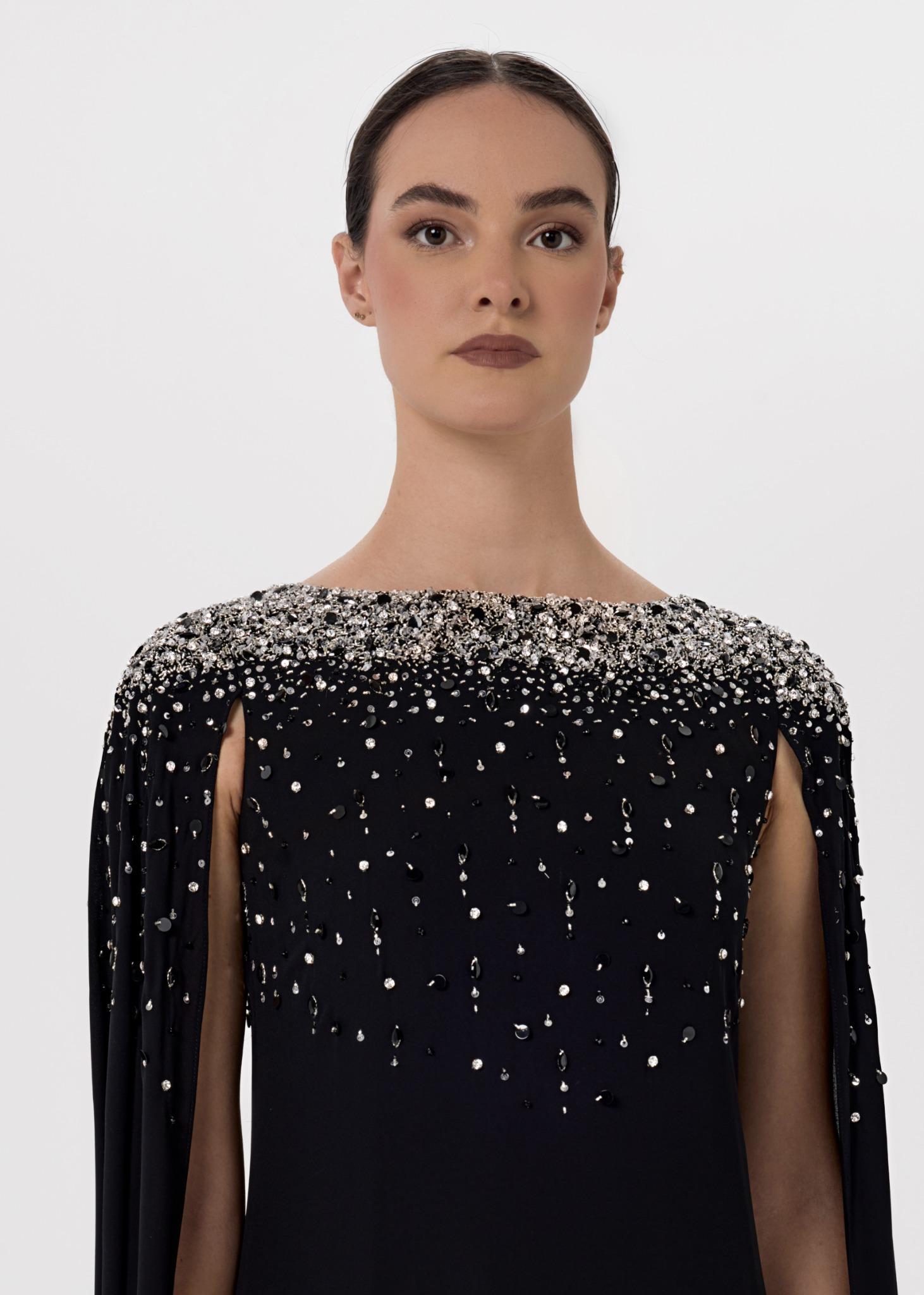 black crystal dress Starfall Noir Gown- Crystal Embellished Black Evening Dress with Cape