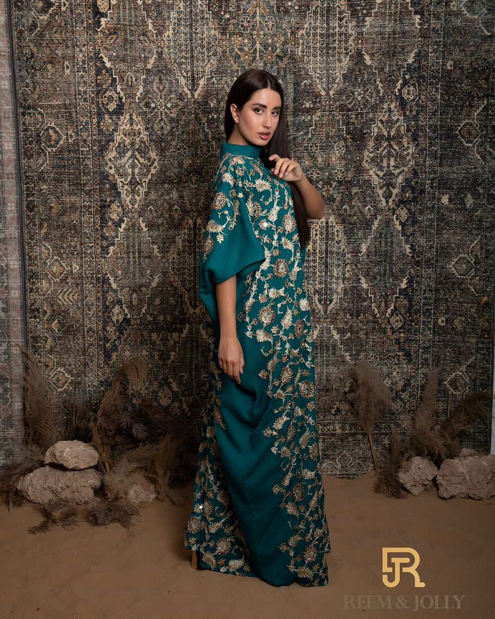 Gold embroidered, green jalabiya - A029