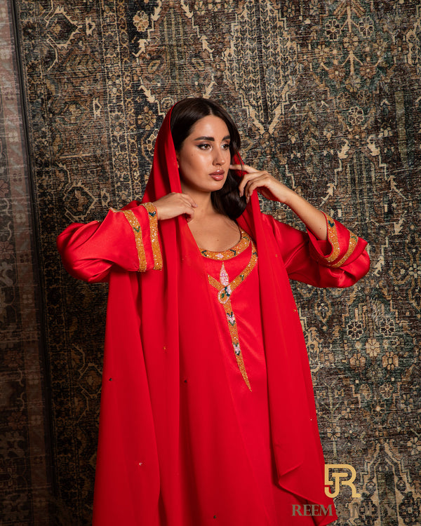 Embroidered silk jalabiya , red color