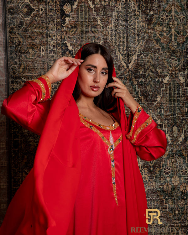 Embroidered silk jalabiya , red color