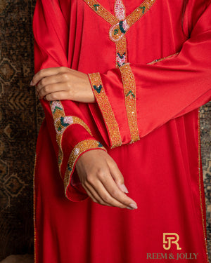 Embroidered silk jalabiya , red color