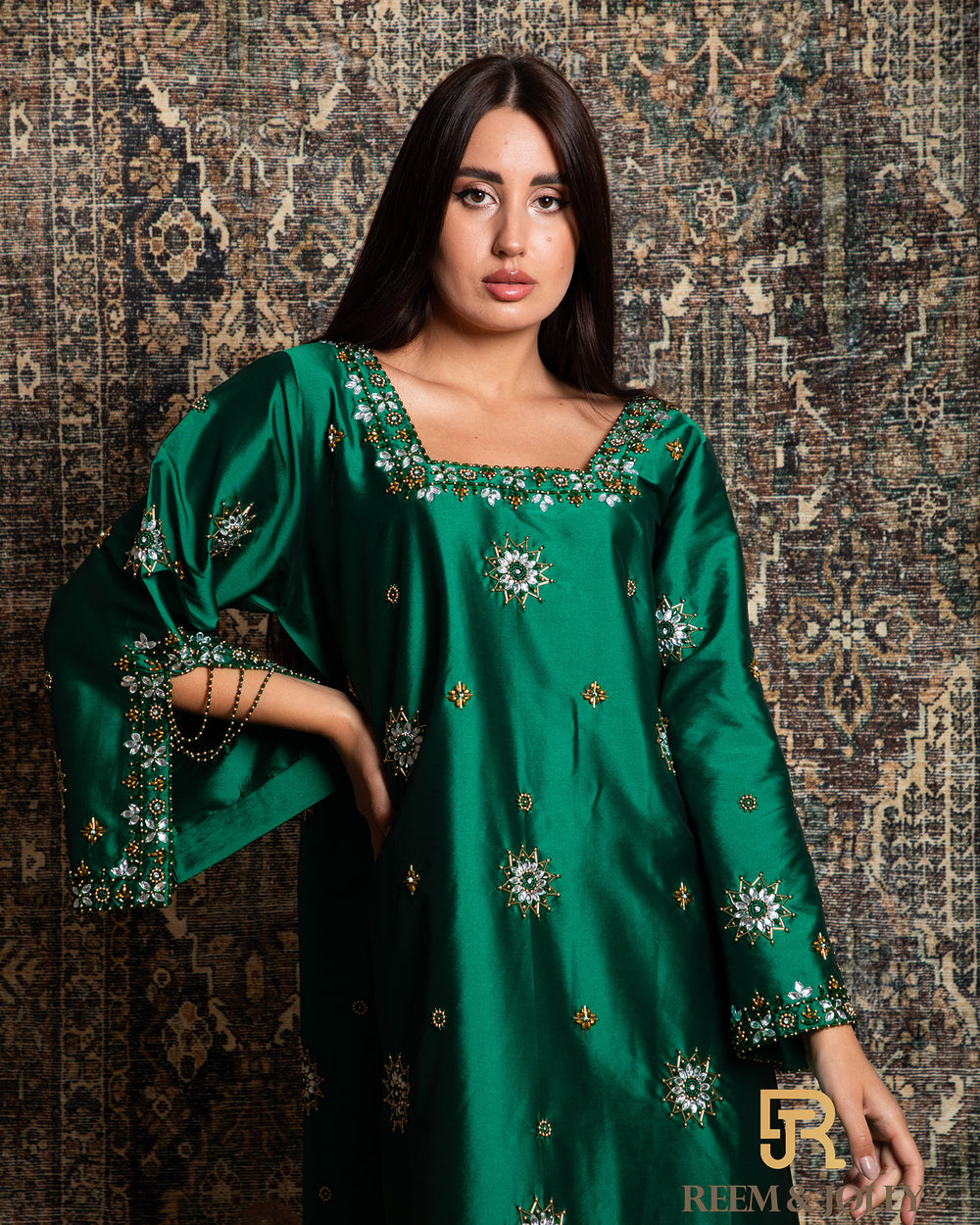 Hand embroidered green jalabiya - A025