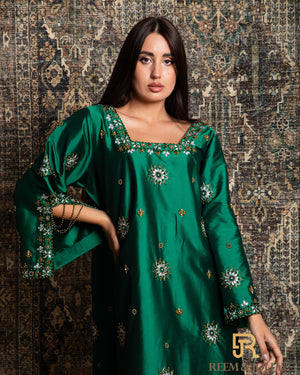 Hand embroidered green jalabiya - A025