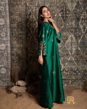 Hand embroidered green jalabiya - A025