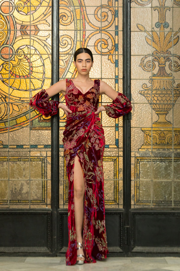 High slit red embroidred evening dress