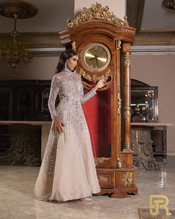 beige embroidered long dress