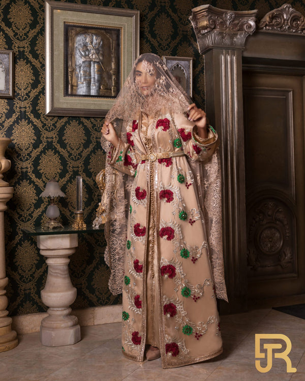 Embroidered belted beige kaftan 3 pieces