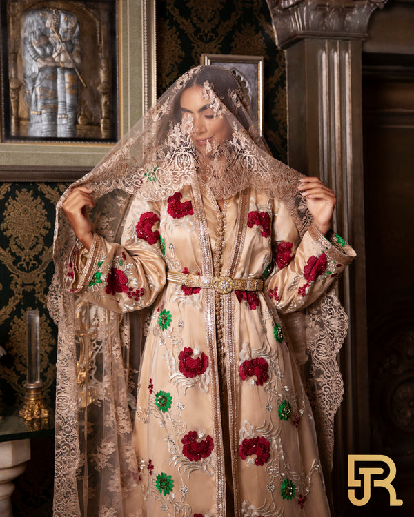 Embroidered belted beige kaftan 3 pieces