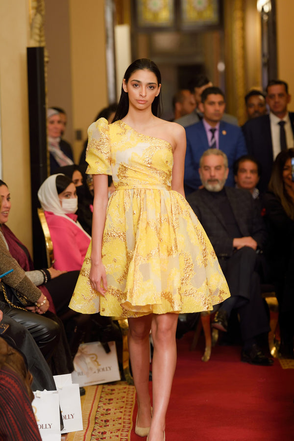 Short yellow one shoulder evening dress