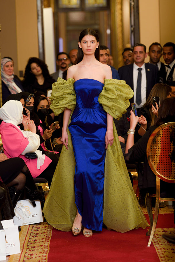 Blue offshoalder dress with taffeta sleeve