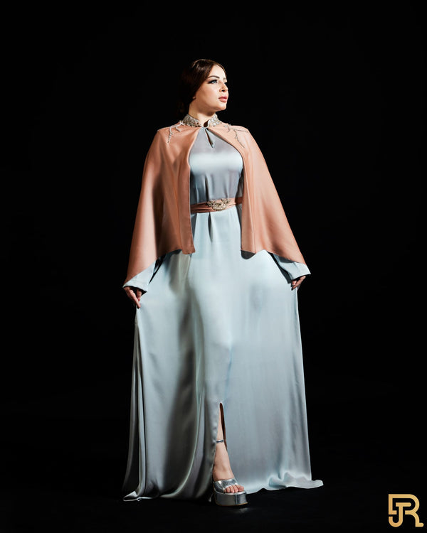 Grey belted dress with brown embroidered cap