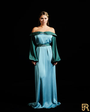 Silk belted off sholder jalabiya , color Aqua
