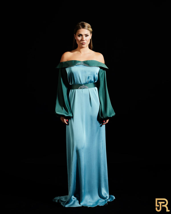 Silk belted off sholder jalabiya , color Aqua