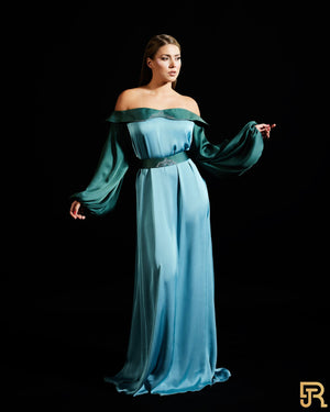 Silk belted off sholder jalabiya , color Aqua