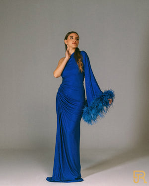 Shimmer blue dress - offshoalder with feather - A036