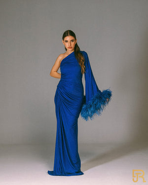 Shimmer blue dress - offshoalder with feather - A036
