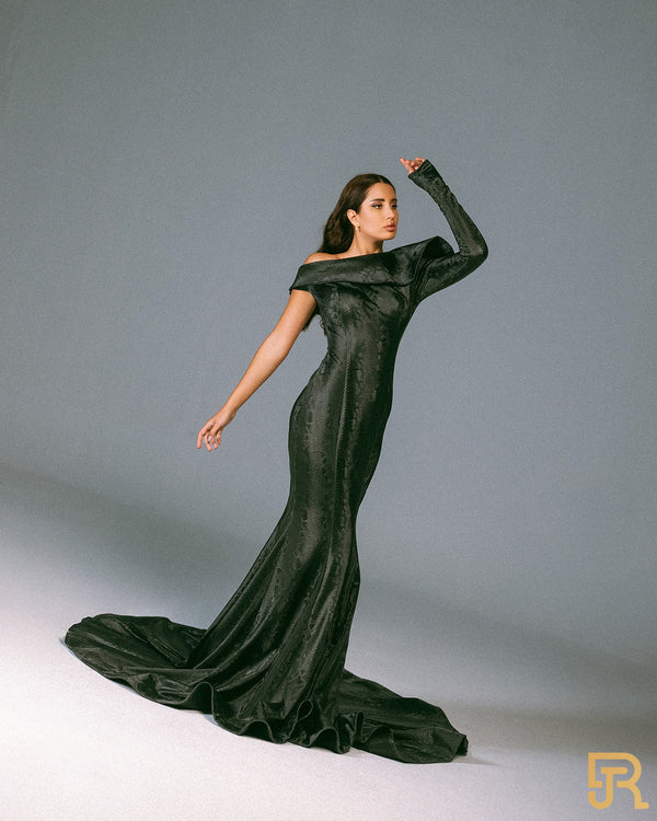 Off shoulder leather black dress - A042