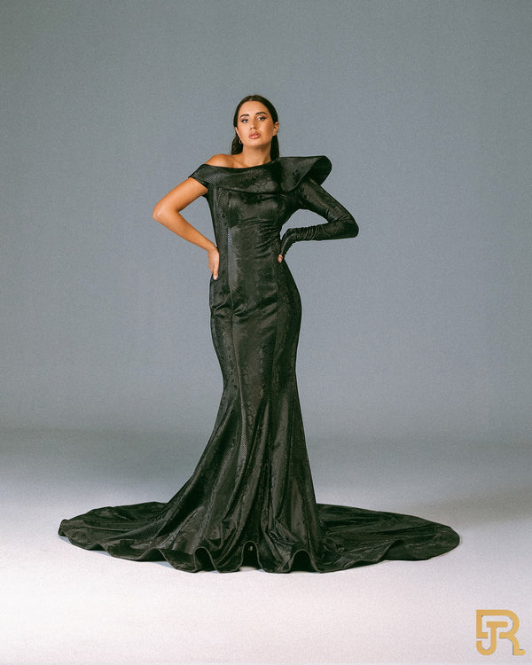 Off shoulder leather black dress - A042