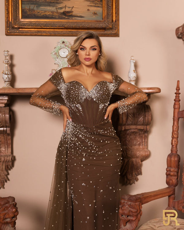 Brown off sholder embroidred dress