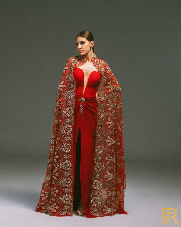 Gold Embroidred Red Kaftan with High slit Dress (2 pieces )