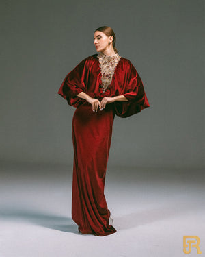 Embroidered v neck , velvet dress , red color - Available size M, L - A038
