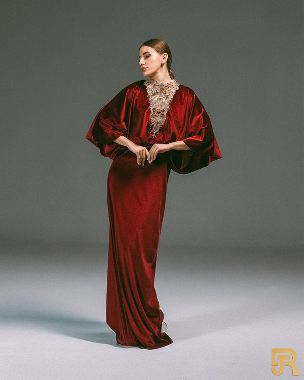 Embroidered v neck , velvet dress , red color - Available size M, L - A038