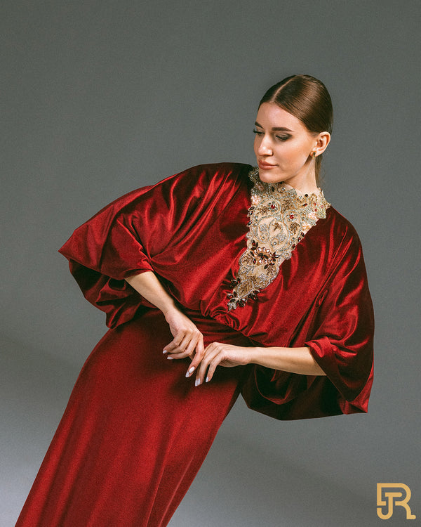 Embroidered v neck , velvet dress , red color - Available size M, L - A038