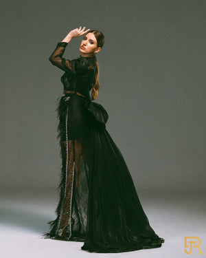 2 pieces belted embroidered, dantel black dress - Available size M, L - A042