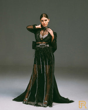 2 pieces belted embroidered, dantel black dress - Available size M, L - A042