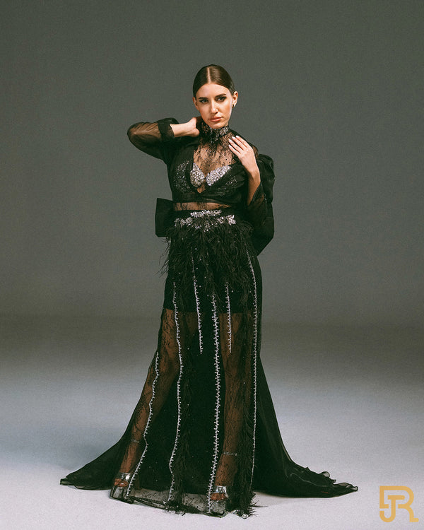 2 pieces belted embroidered, dantel black dress - Available size M, L - A042