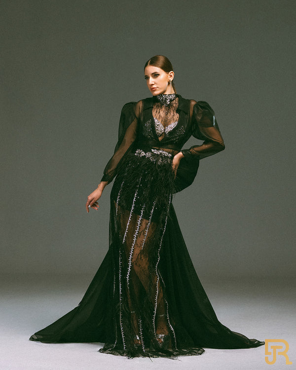 2 pieces belted embroidered, dantel black dress - Available size M, L - A042