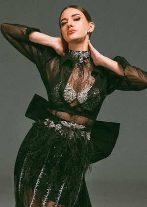 2 pieces belted embroidered, dantel black dress - Available size M, L - A042