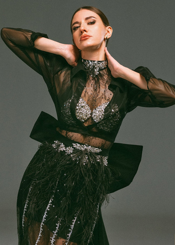 2 pieces belted embroidered, dantel black dress - Available size M, L - A042