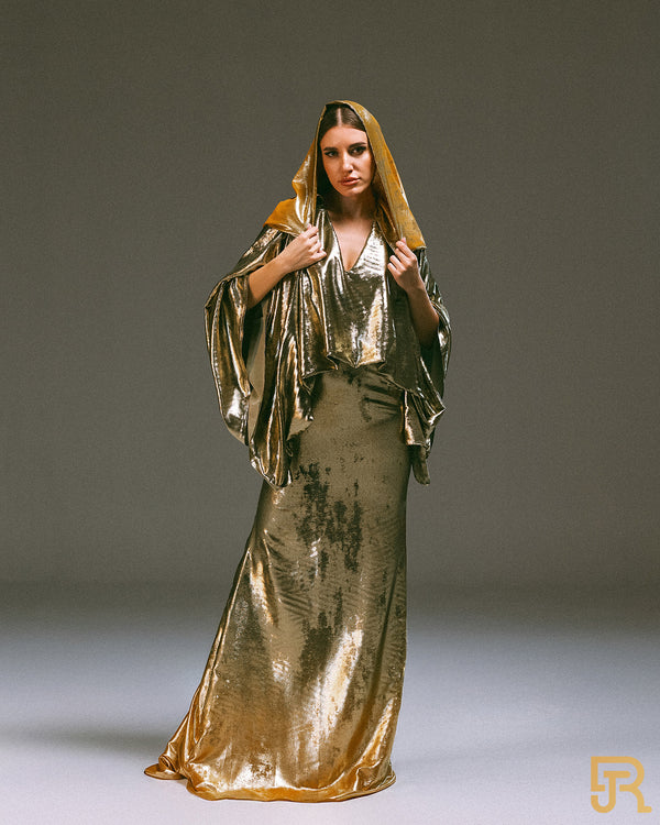 Gold dress with capecho , available s and medium only - A037